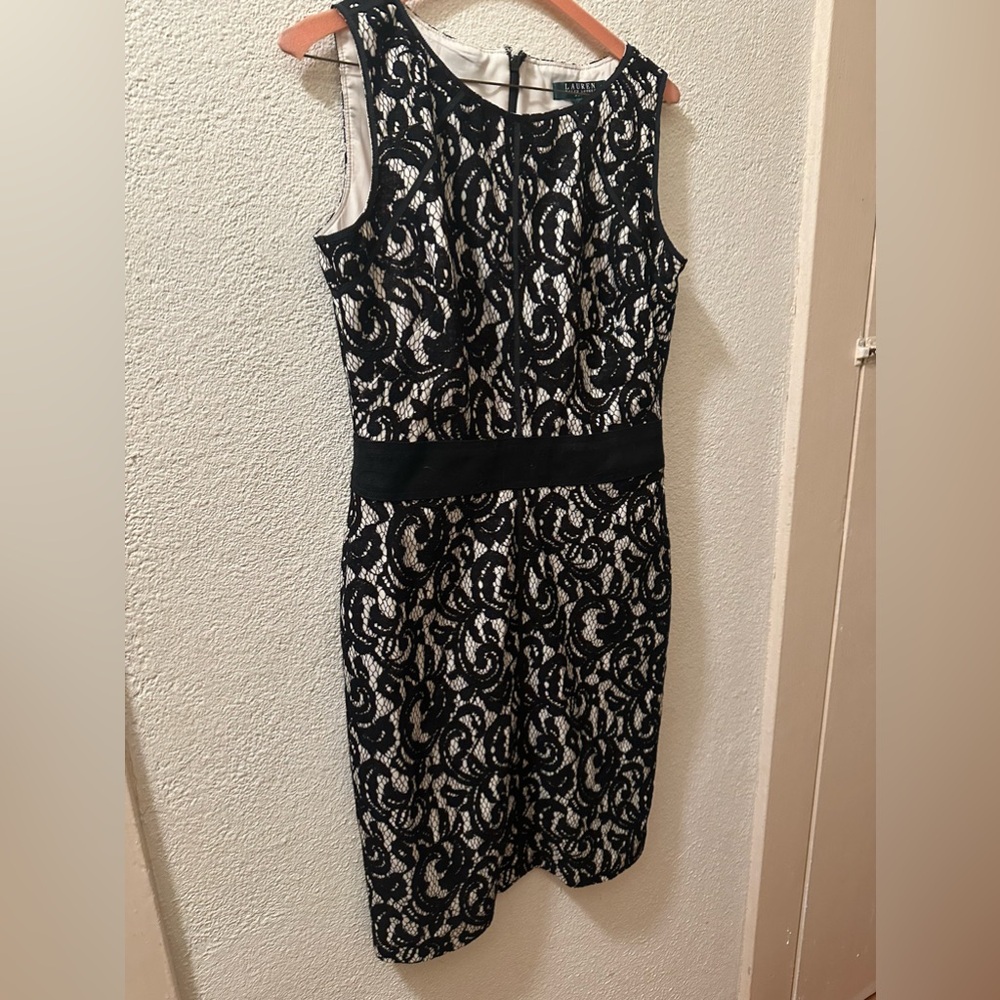 Lauren Ralph Lauren Dress Black Lace Overlay Sleeveless Off White Lining Size 6